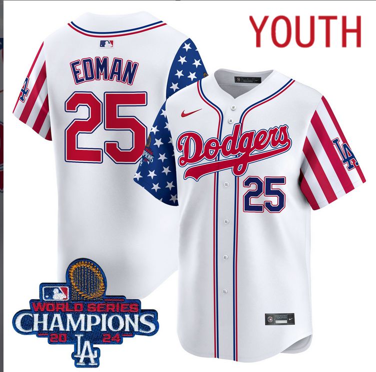 Youth MLB Los Angeles Dodgers #25 Edman American Style white 2024 World Series Champions  Limited Jersey->youth mlb jersey->Youth Jersey